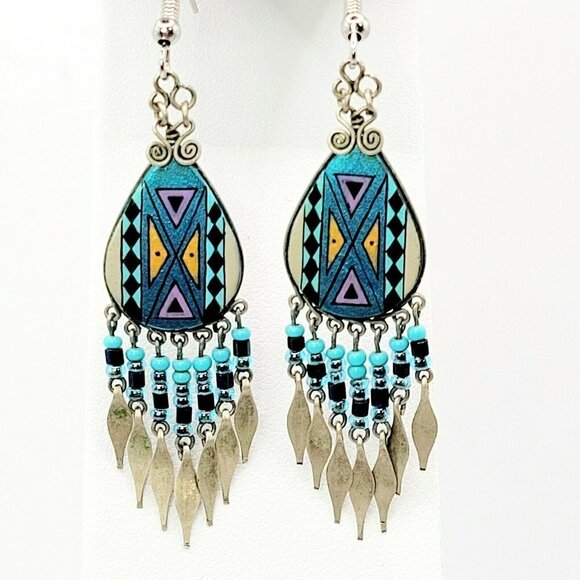 Artisan Made Native American Style Earrings Drop Dangle Silver Tone Blue 2.5" - Picture 2 of 5